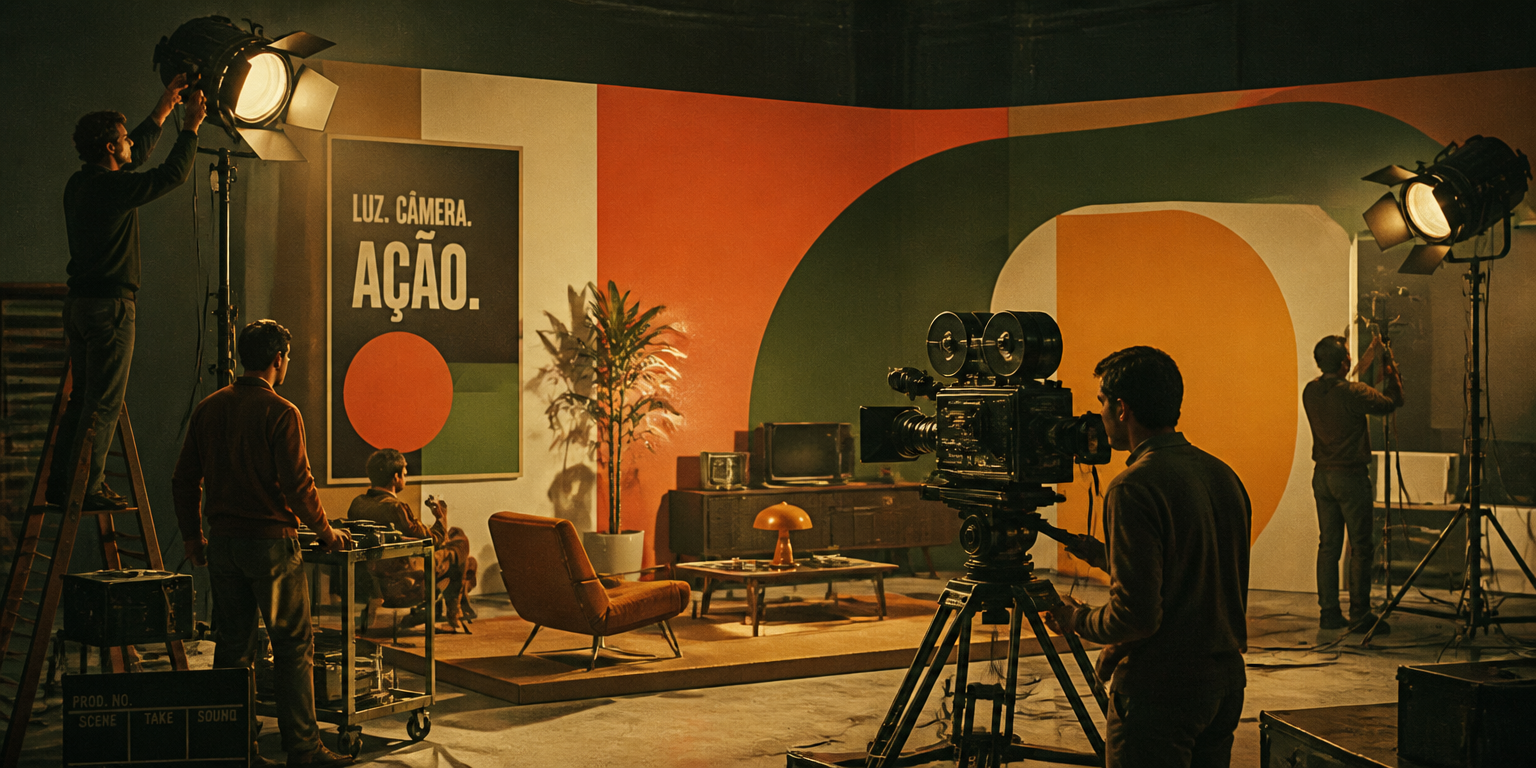 Set de filmagem com câmera vintage em tripé
